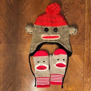 Kids/adult Sock Monkey Hat and Mittens Set - Red and Brown